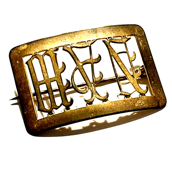 Antique Victorian Brooch Scarf Pin Monogram Insignia Goldtone Brass? Rectangle - Picture 9 of 10